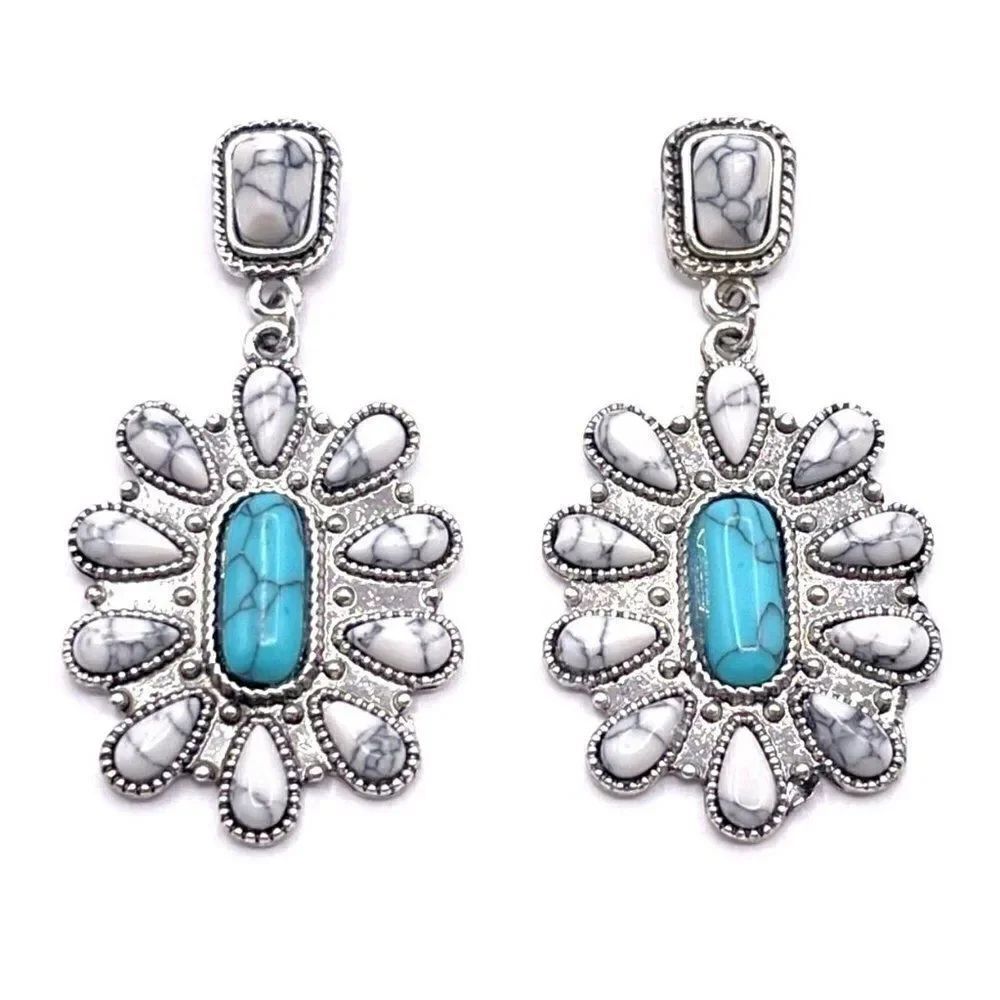 Silver with White and Blue Turquoise Boho Southwestern Post Back Earrings